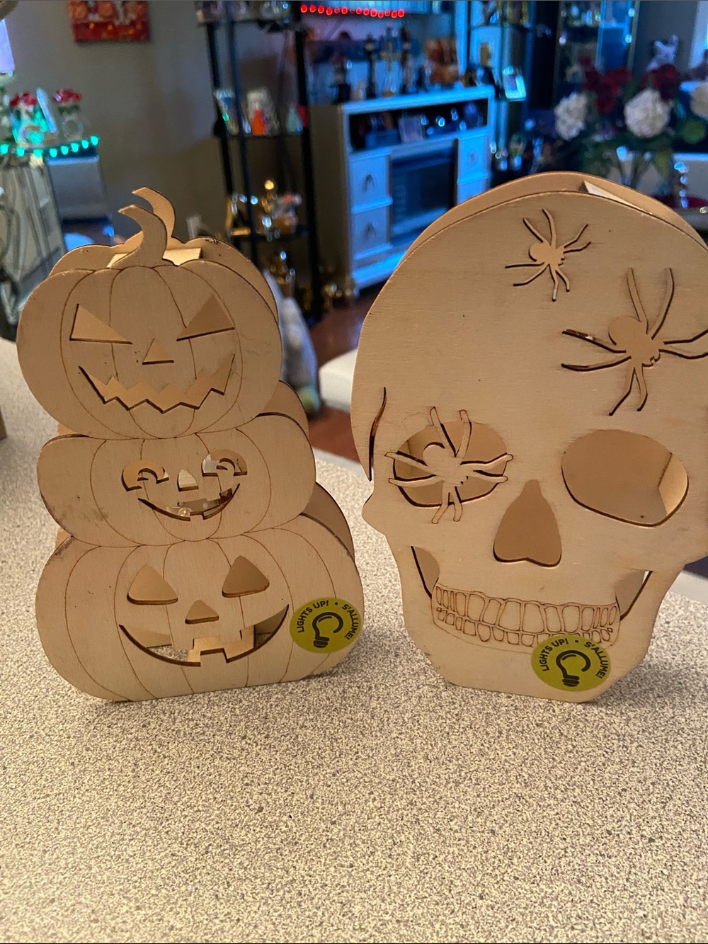 Wooden Halloween Pumpkin Stack & Skull Light-Up Décor